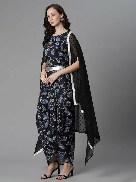 Ahalyaa Women's Black Color Crepe Digital Print Top Skirt With Shrug | Swadesiicart