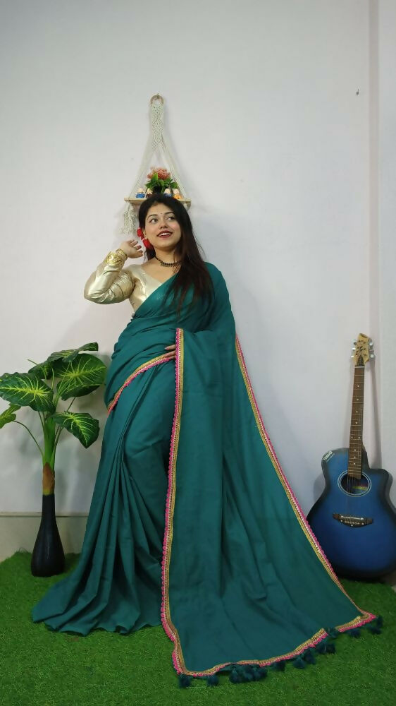 Exclusive Collection Beautiful Khadi Cotton Handloom Saree With Beautiful Zari Border - Green - Swadesiicart
