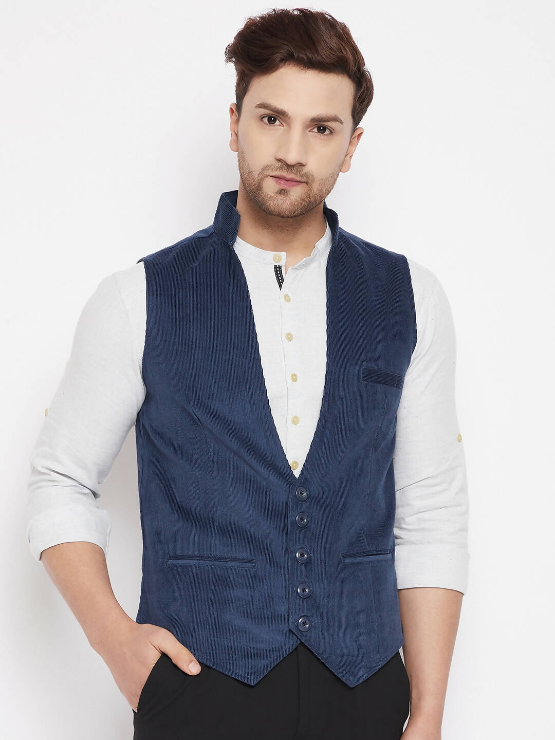 Even Apparels Blue Merino Men Woven Nehru Jacket | Swadesiicart