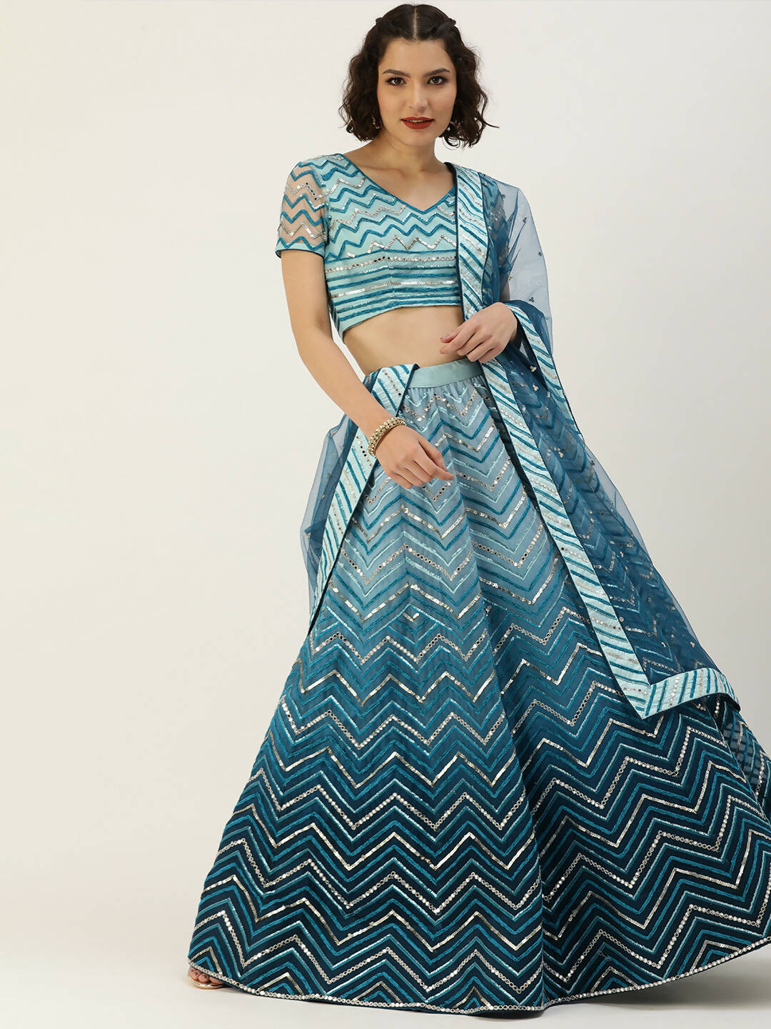House of Panchhi Women Teal shading Net Mirror Embroidered Lehenga & Blouse with Dupatta | Swadesiicart