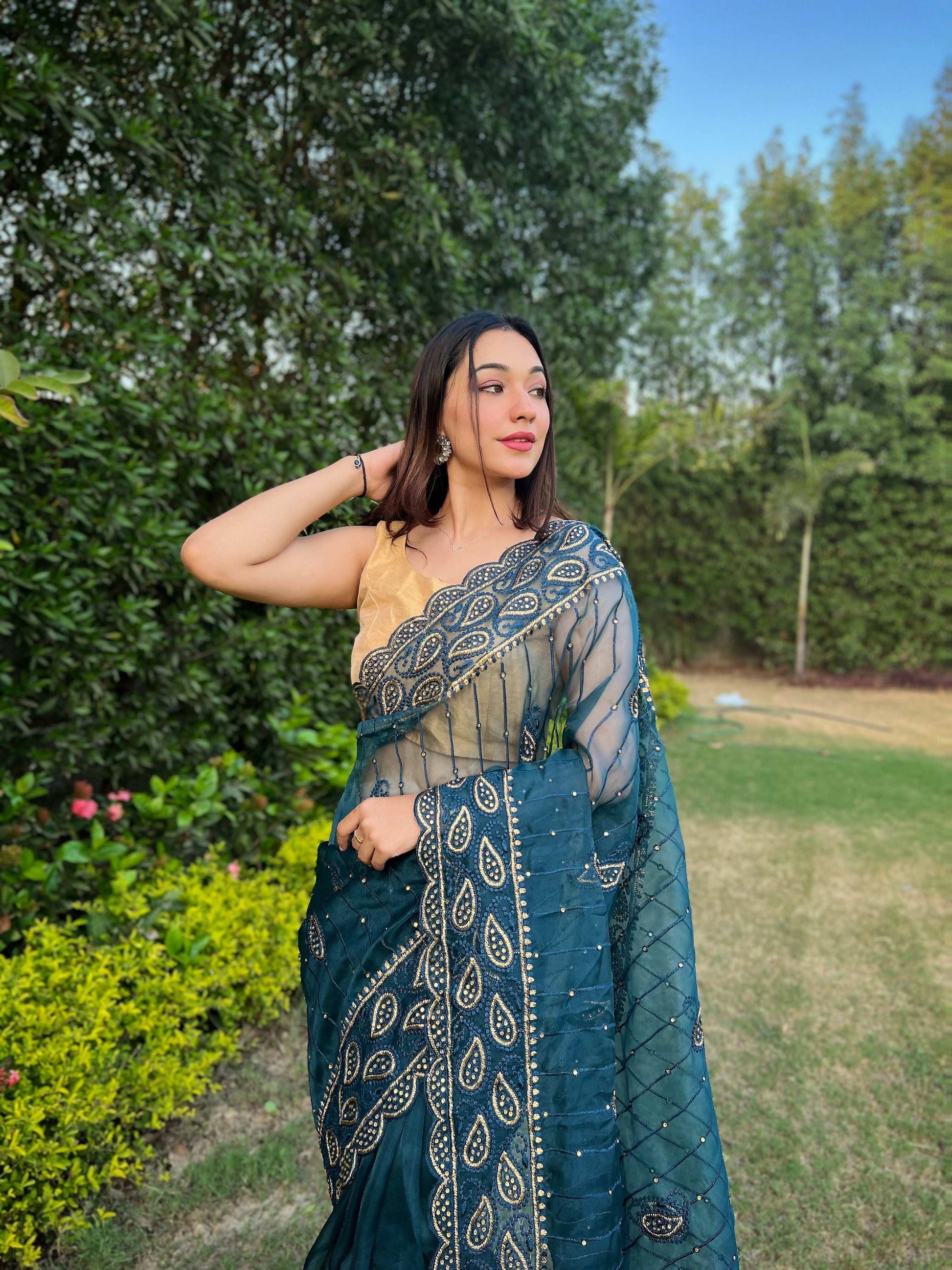 Vamsee Aaisa Blue Organza Saree - Swadesiicart