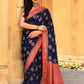 Joban Fashion Navy Blue Crepe Chiffon Pure Handloom Banarasi Silk Saree | Swadesiicart