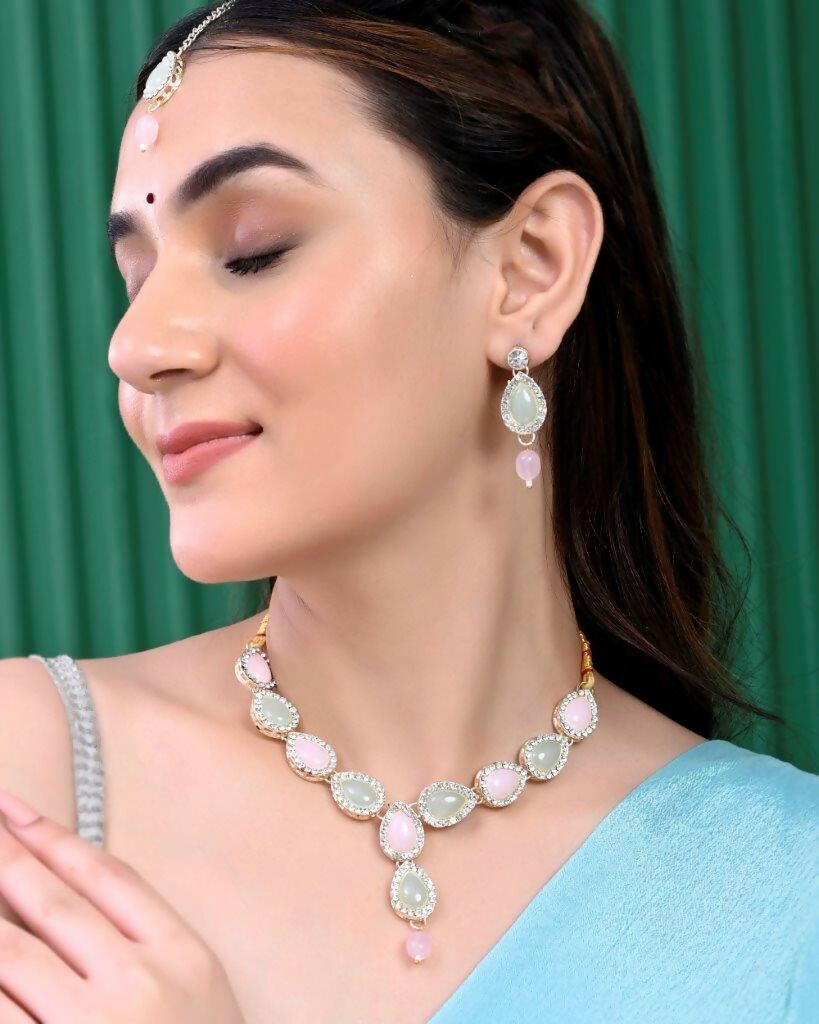 VOJ Gold-Polished Nude Pink And Mint Green Stone Studded Jewellery Set With Maang Tikka - Swadesiicart