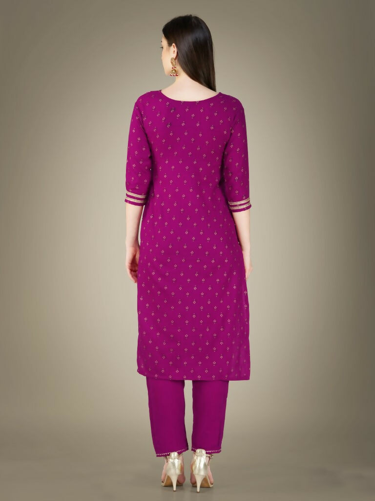 Jyoti Fashion Women's Purple Cotton Magic Slub Embroidery & Sequence work Kurta with Trouser & Dupatta | Swadesiicart