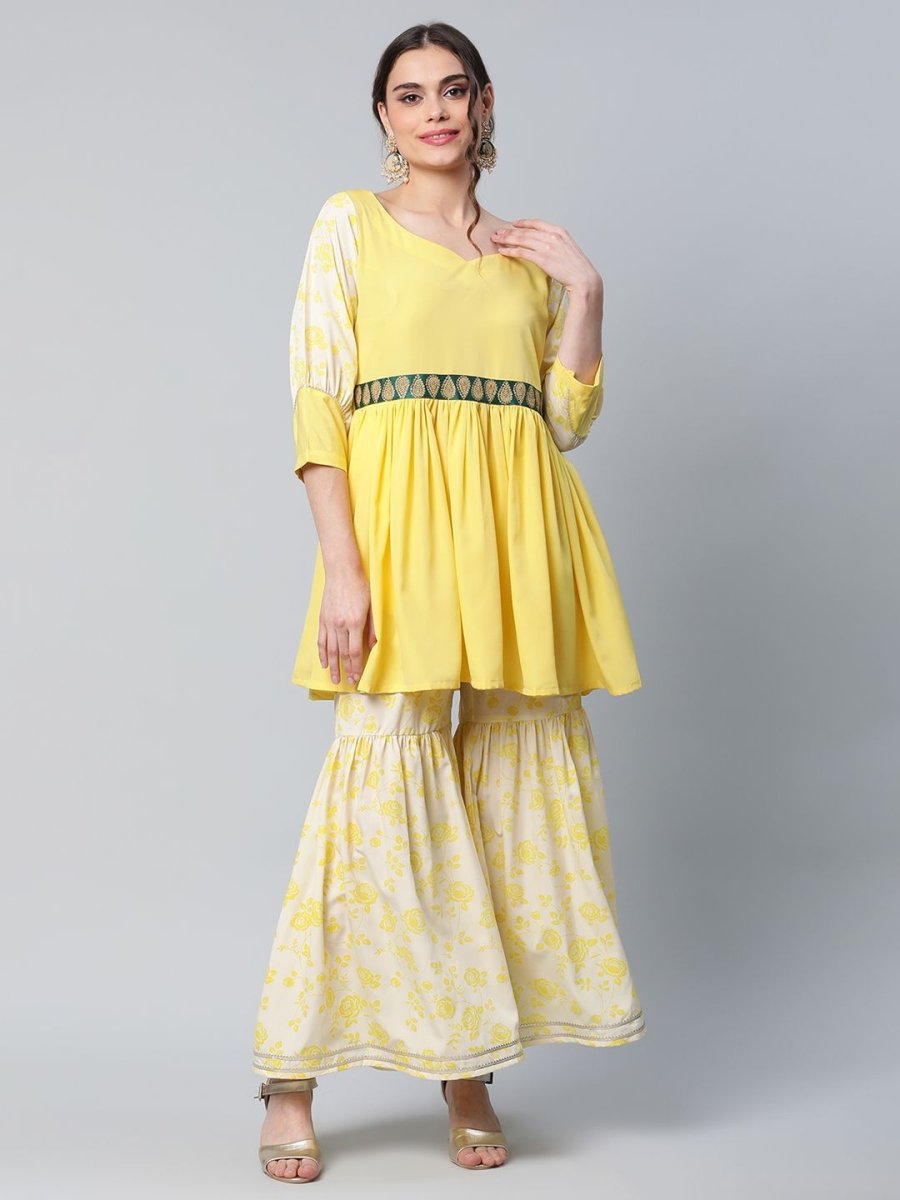 Ahalyaa Women Yellow Crepe Floral Short Kurta with Sharara Set | Swadesiicart
