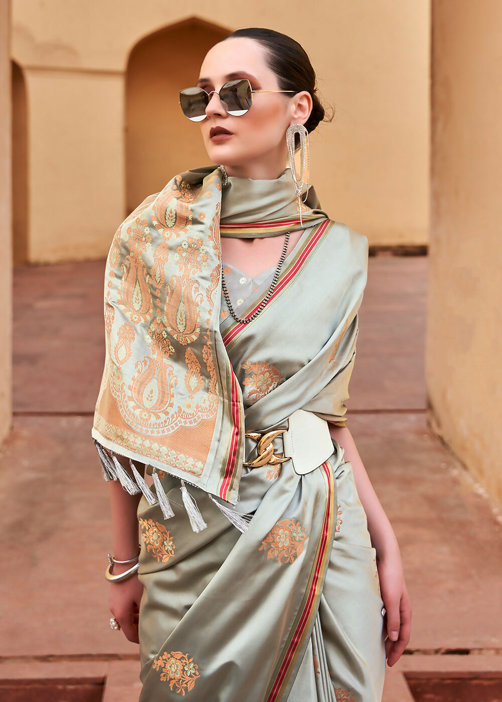 Dusty Grey Pure Satin Zari Weaving Wedding Festive Saree - Emponline | Swadesiicart
