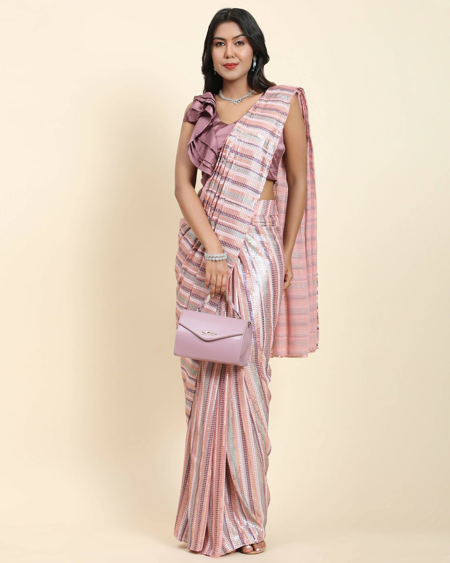 Pink Pure Georgette Sequence work Ready to wear Saree with stitched Blouse - Satiksha | Swadesiicart
