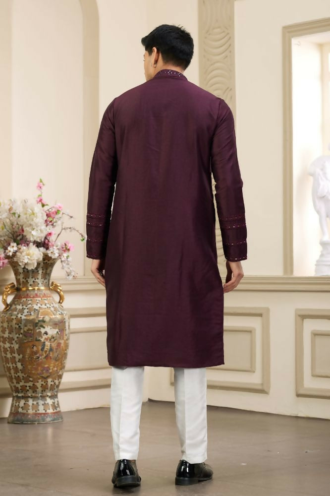 Raivat Ethnic Banarasi Art Silk Thread and Mirror Work Kurta Pajama In Wine Colour | Swadesiicart