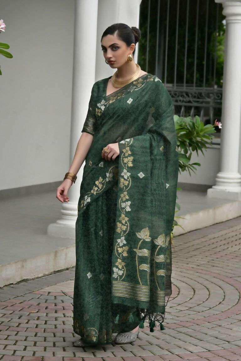 Vishnu Weaves Women's Green Linen Silk Zari Weaving Saree with Blouse - Swadesiicart