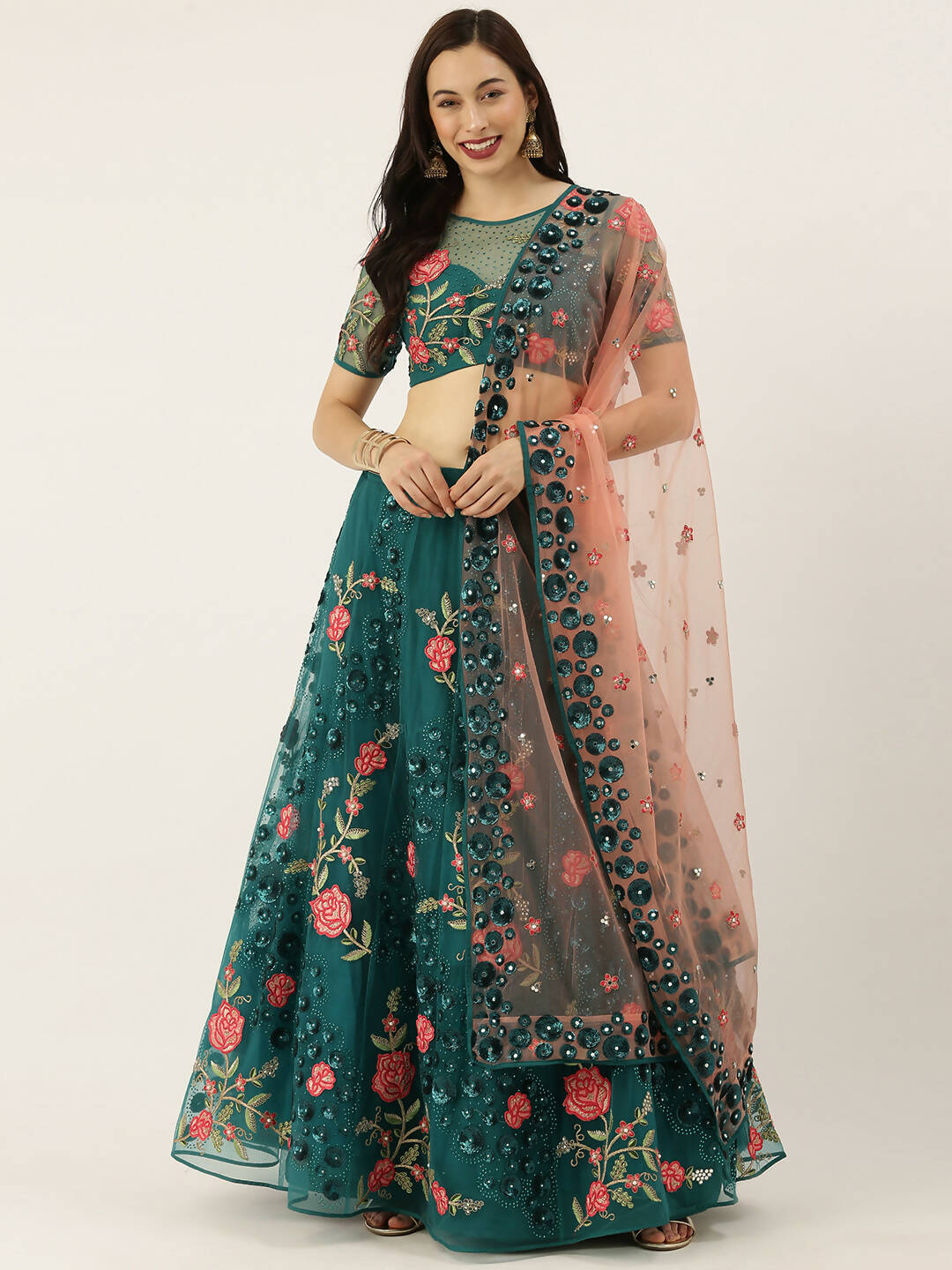House of Panchhi Teal Net Semi stitched Coding, Sequins and Saroski Stone Work Lehenga Choli | Swadesiicart