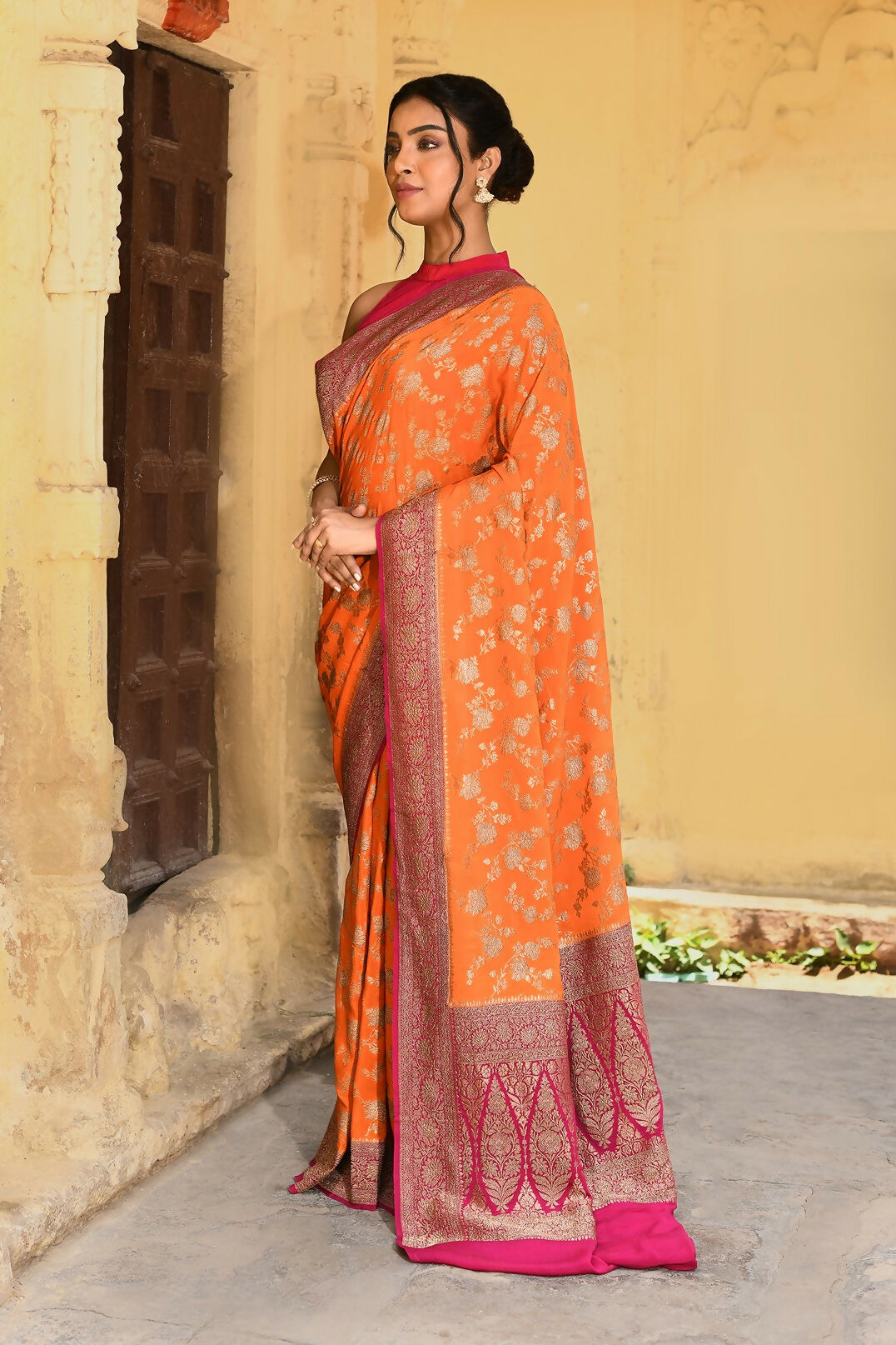 Joban Fashion Orange Crepe Chiffon Pure Handloom Banarasi Silk Saree | Swadesiicart
