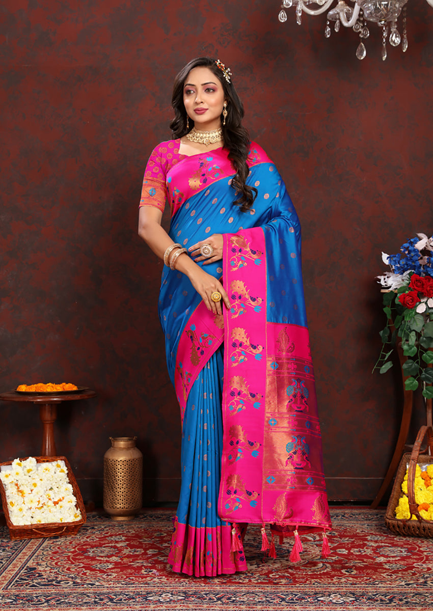 Lorenvalley Fashion Firozi Soft Paithani Silk Woven Design Rich Zari Meenakari Weaving Saree - Swadesiicart