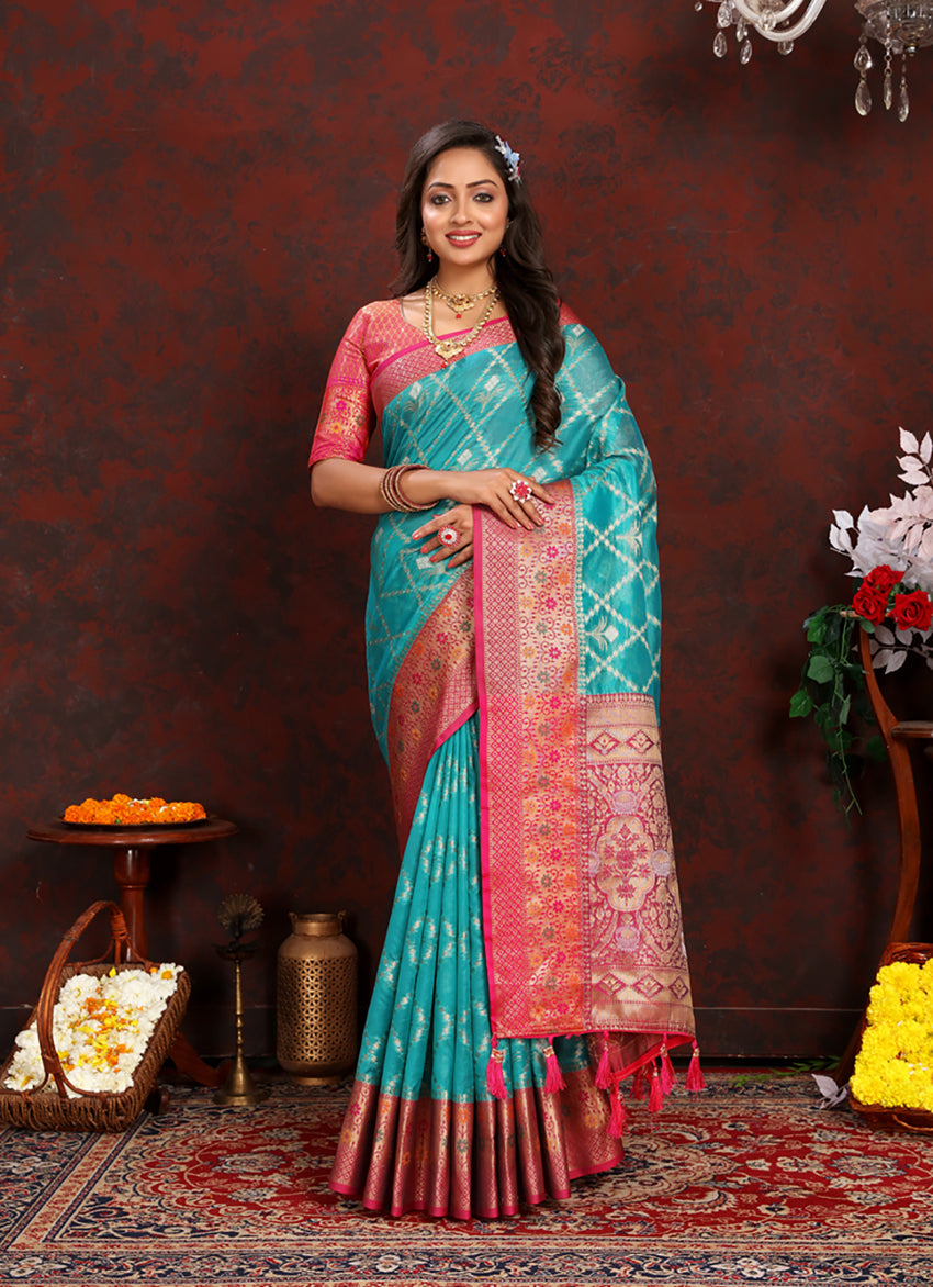 Lorenvalley Fashion Firozi Organza Silk Woven Design with Rich Meenakari Weaving Pallu Saree - Swadesiicart