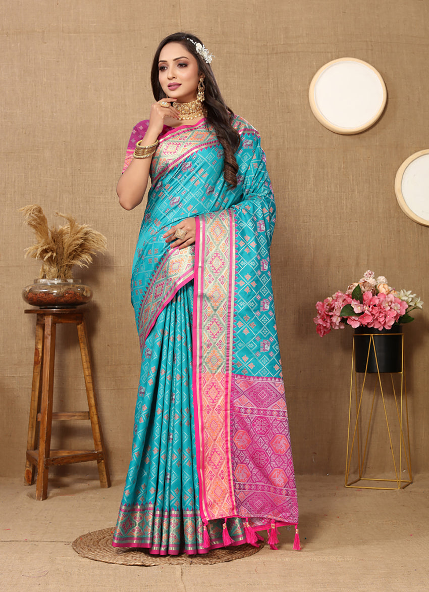 Lorenvalley Fashion Firozi Patola Silk Woven Design with Zari Meenakari Weaving motifs motifs Pallu Saree - Swadesiicart
