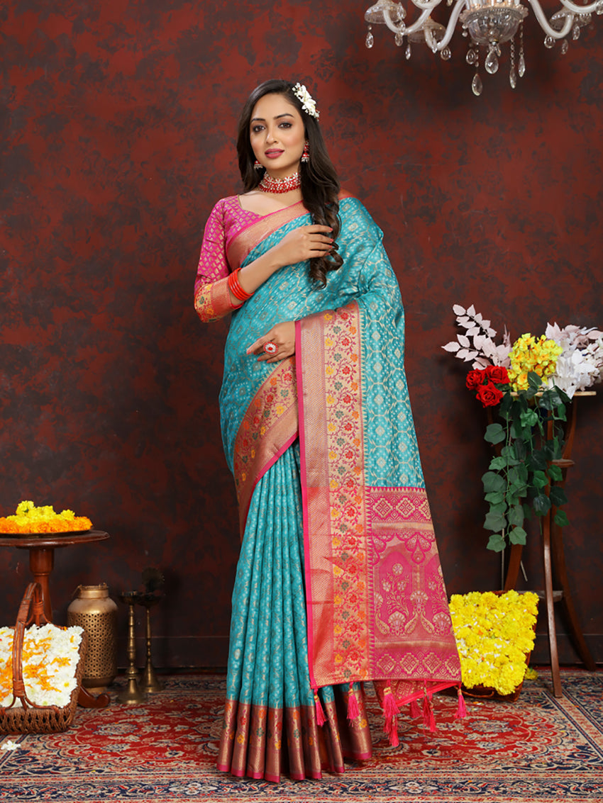 Lorenvalley Fashion Firozi Organza Silk Woven Design with Rich Meenakari Weaving Pallu Saree - Swadesiicart