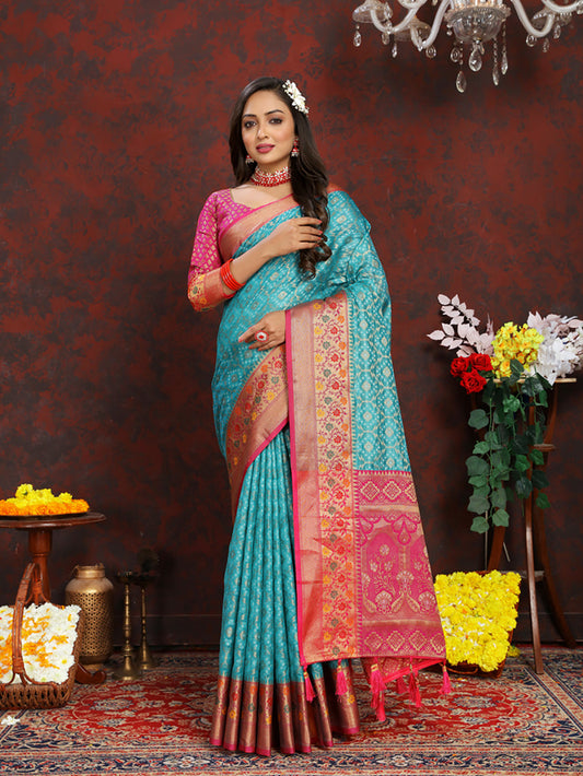 Lorenvalley Fashion Firozi Organza Silk Woven Design with Rich Meenakari Weaving Pallu Saree - Swadesiicart
