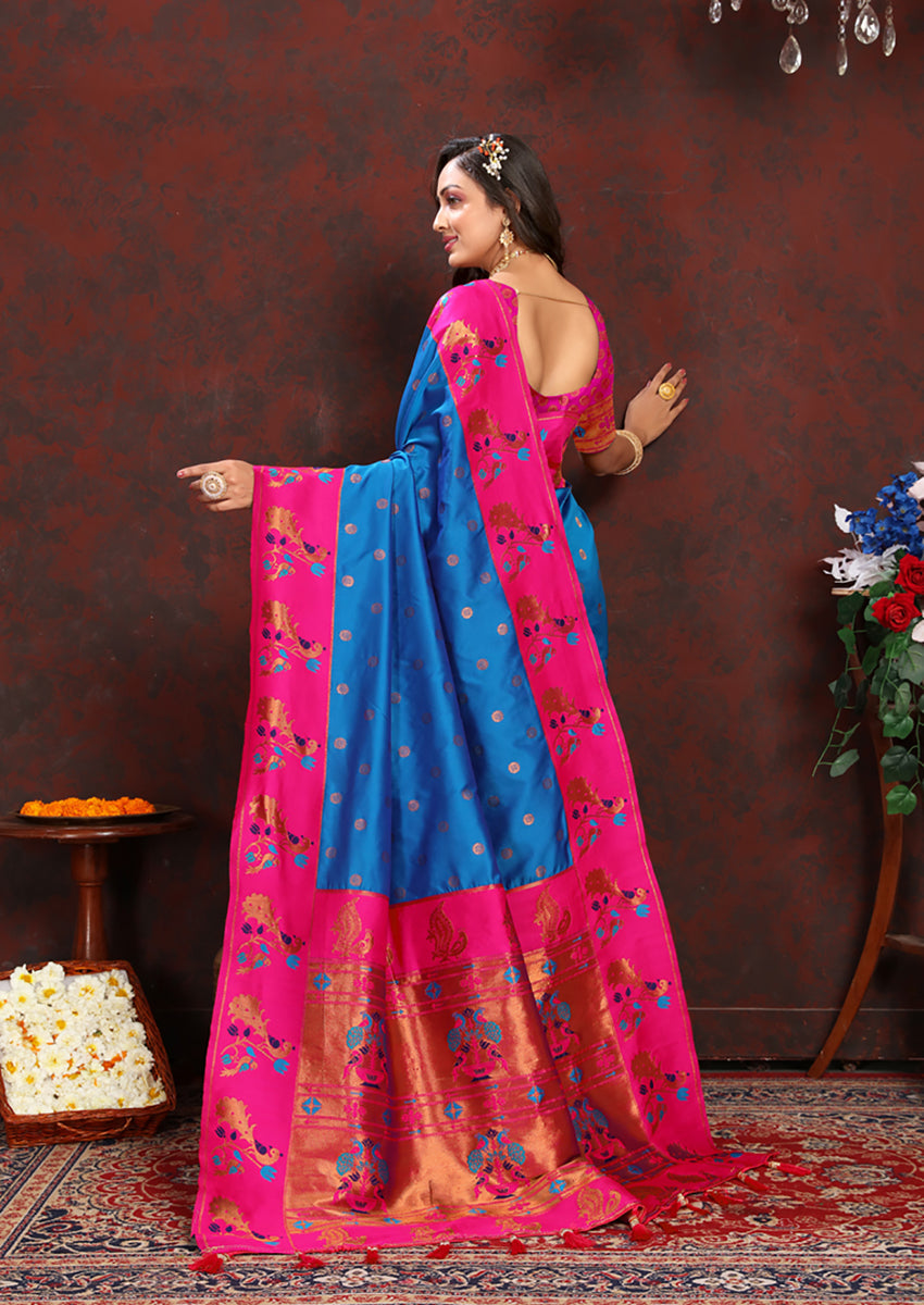 Lorenvalley Fashion Firozi Soft Paithani Silk Woven Design Rich Zari Meenakari Weaving Saree - Swadesiicart
