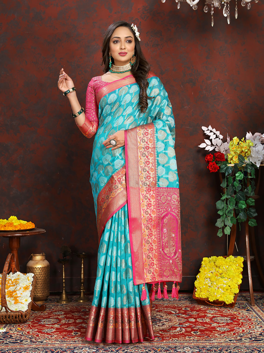 Lorenvalley Fashion Firozi Organza Silk Woven Design with Rich Meenakari Weaving Pallu Saree - Swadesiicart