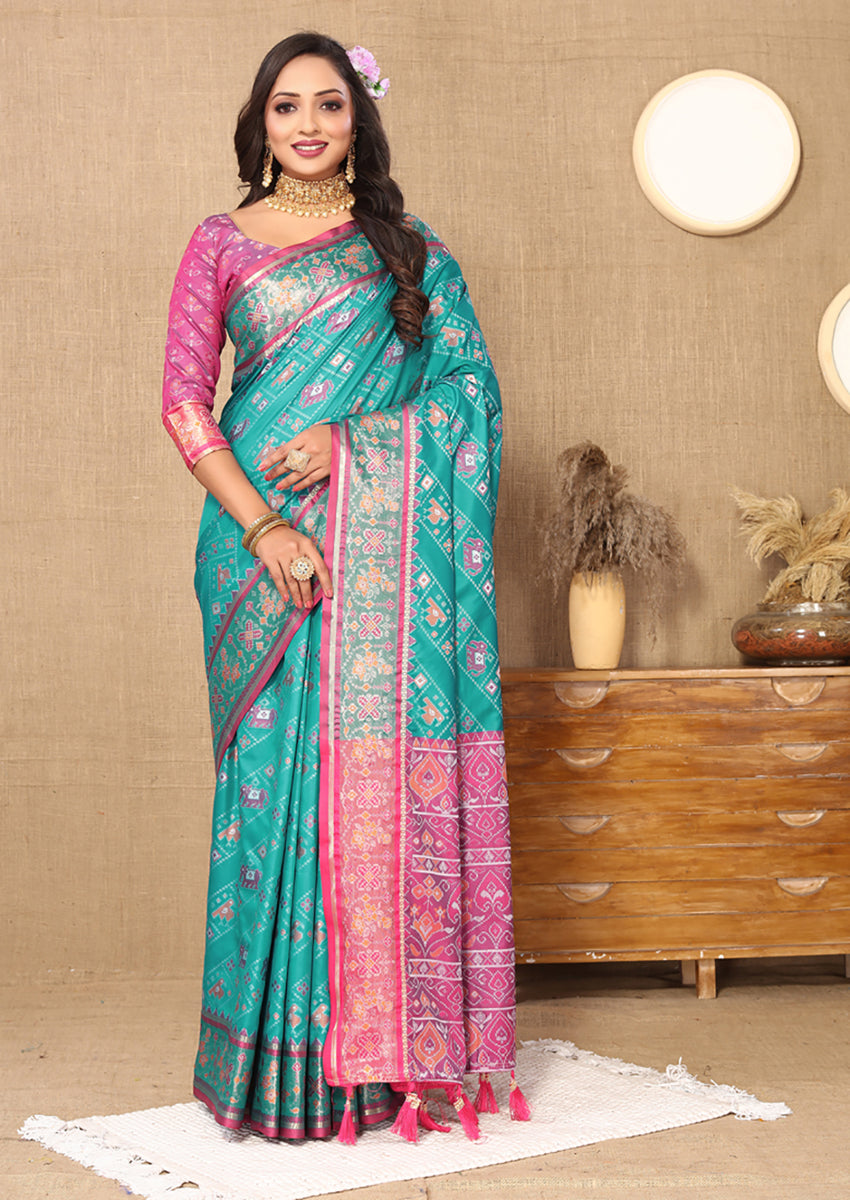 Lorenvalley Fashion Firozi Patola Silk Woven Design with Zari Meenakari Weaving motifs motifs Pallu Saree - Swadesiicart