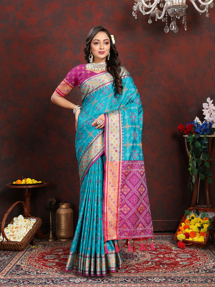 Lorenvalley Fashion Firozi Patola Silk Woven Design with Zari Meenakari Weaving motifs motifs Pallu Saree - Swadesiicart