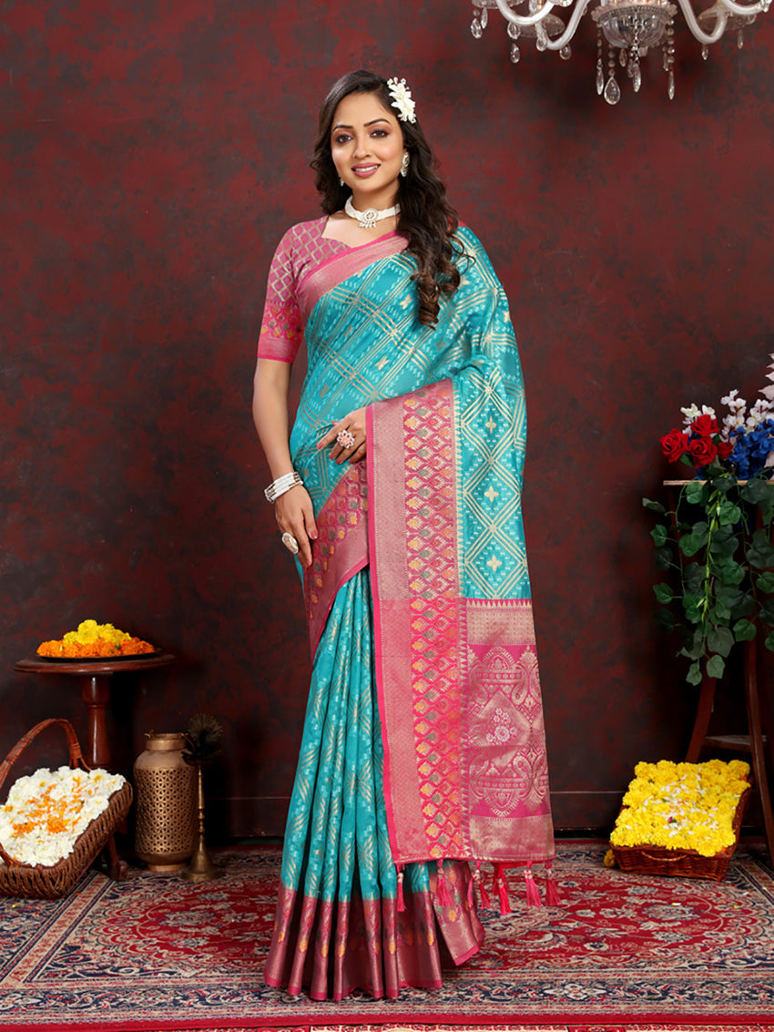 Lorenvalley Fashion Firozi Organza Silk Woven Design with Rich Meenakari Weaving Pallu Saree - Swadesiicart