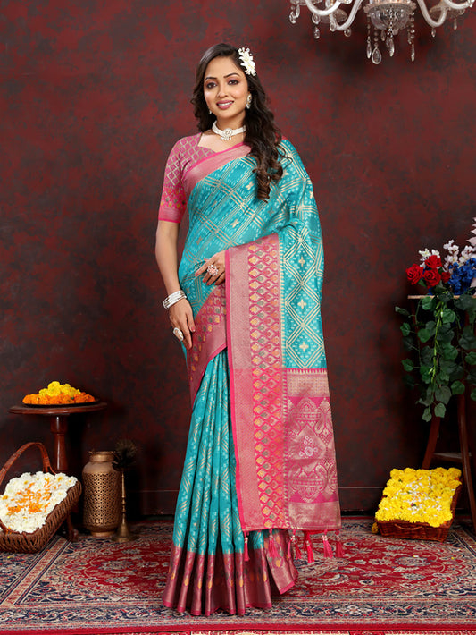 Lorenvalley Fashion Firozi Organza Silk Woven Design with Rich Meenakari Weaving Pallu Saree - Swadesiicart