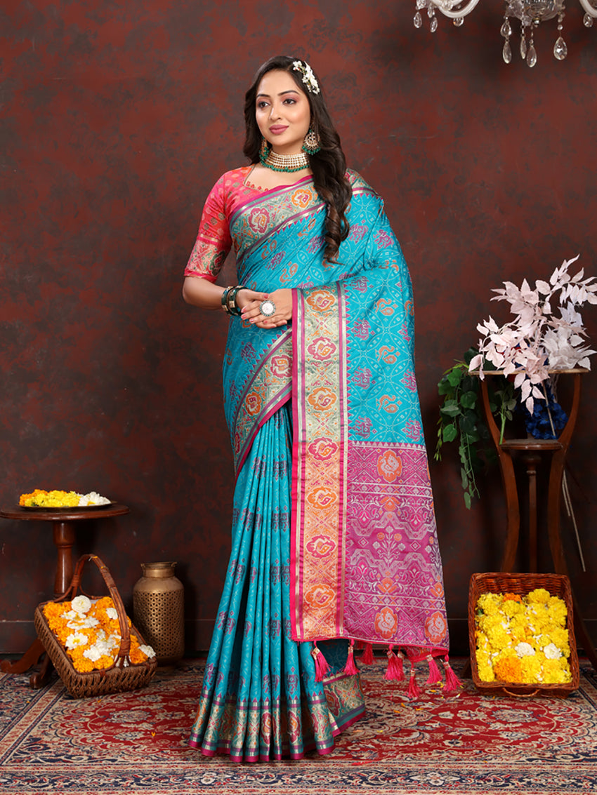 Lorenvalley Fashion Firozi Patola Silk Woven Design with Zari Meenakari Weaving motifs motifs Pallu Saree - Swadesiicart