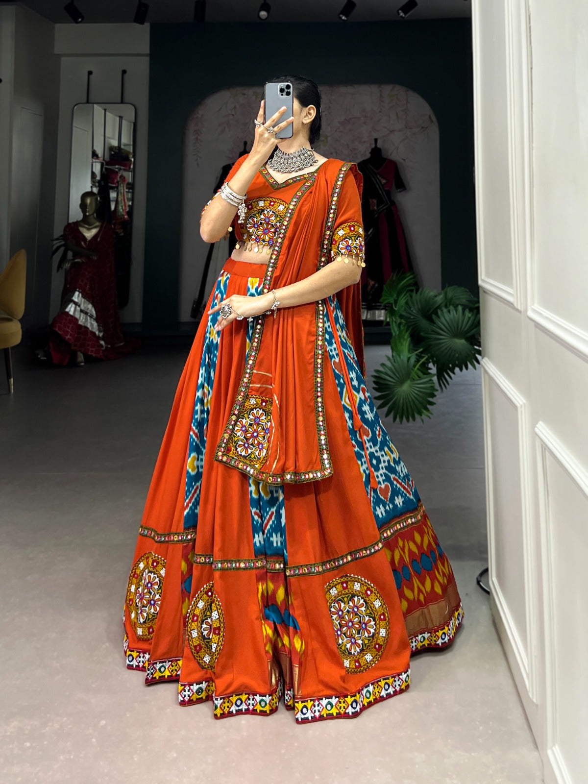 Lorenvalley Firozi Rayon and Printed Silk with Plain And Printed With Original Mirror Gamthi Work And Gamthi Patch Work Lehenga Choli | Swadesiicart