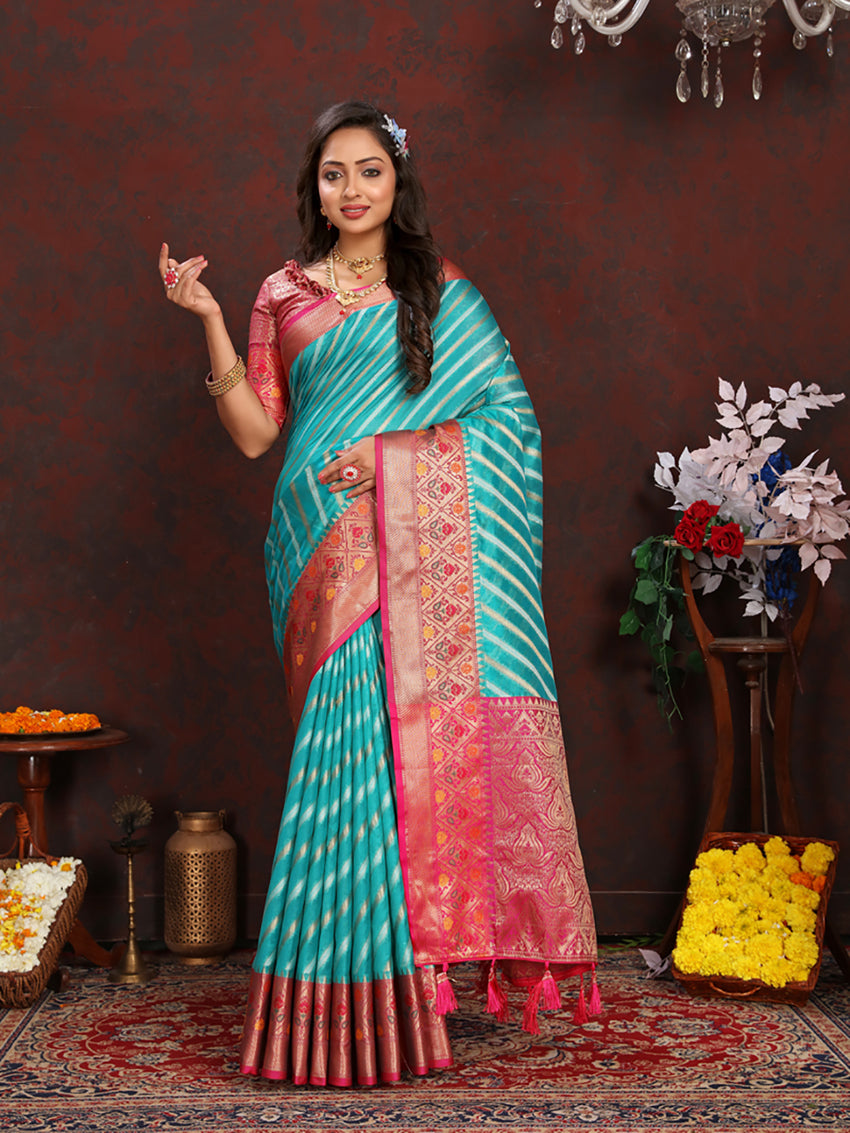 Lorenvalley Fashion Firozi Organza Silk Woven Design with Rich Meenakari Weaving Pallu Saree - Swadesiicart