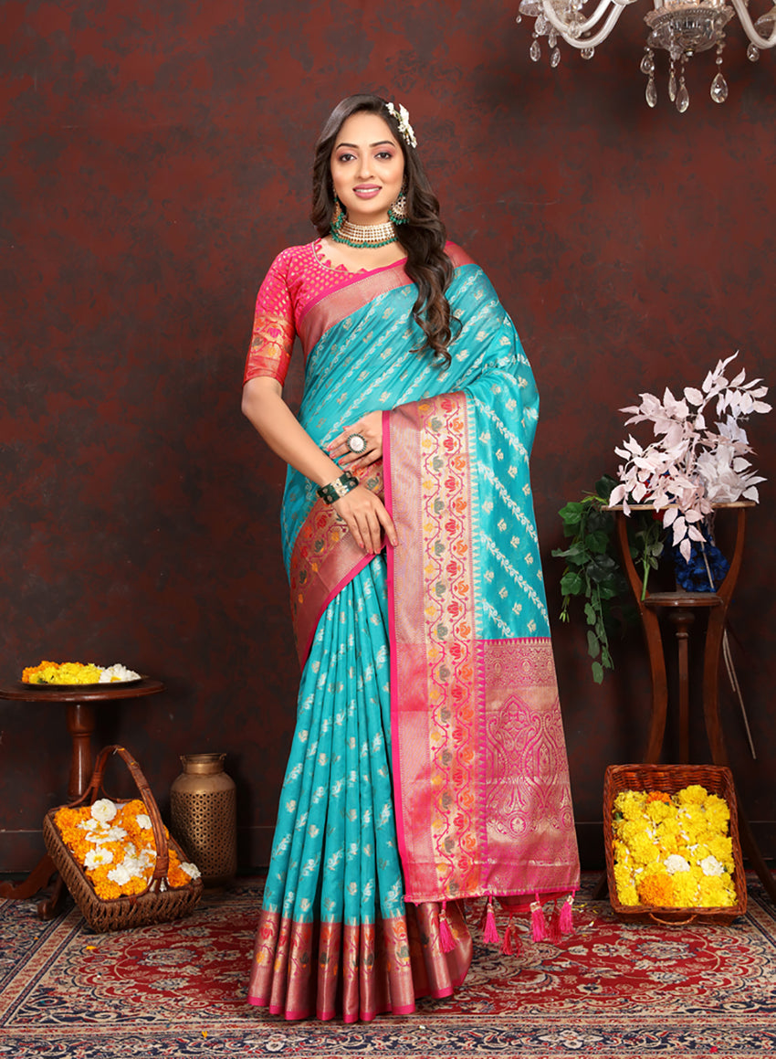 Lorenvalley Fashion Firozi Organza Silk Woven Design with Rich Meenakari Weaving Pallu Saree - Swadesiicart