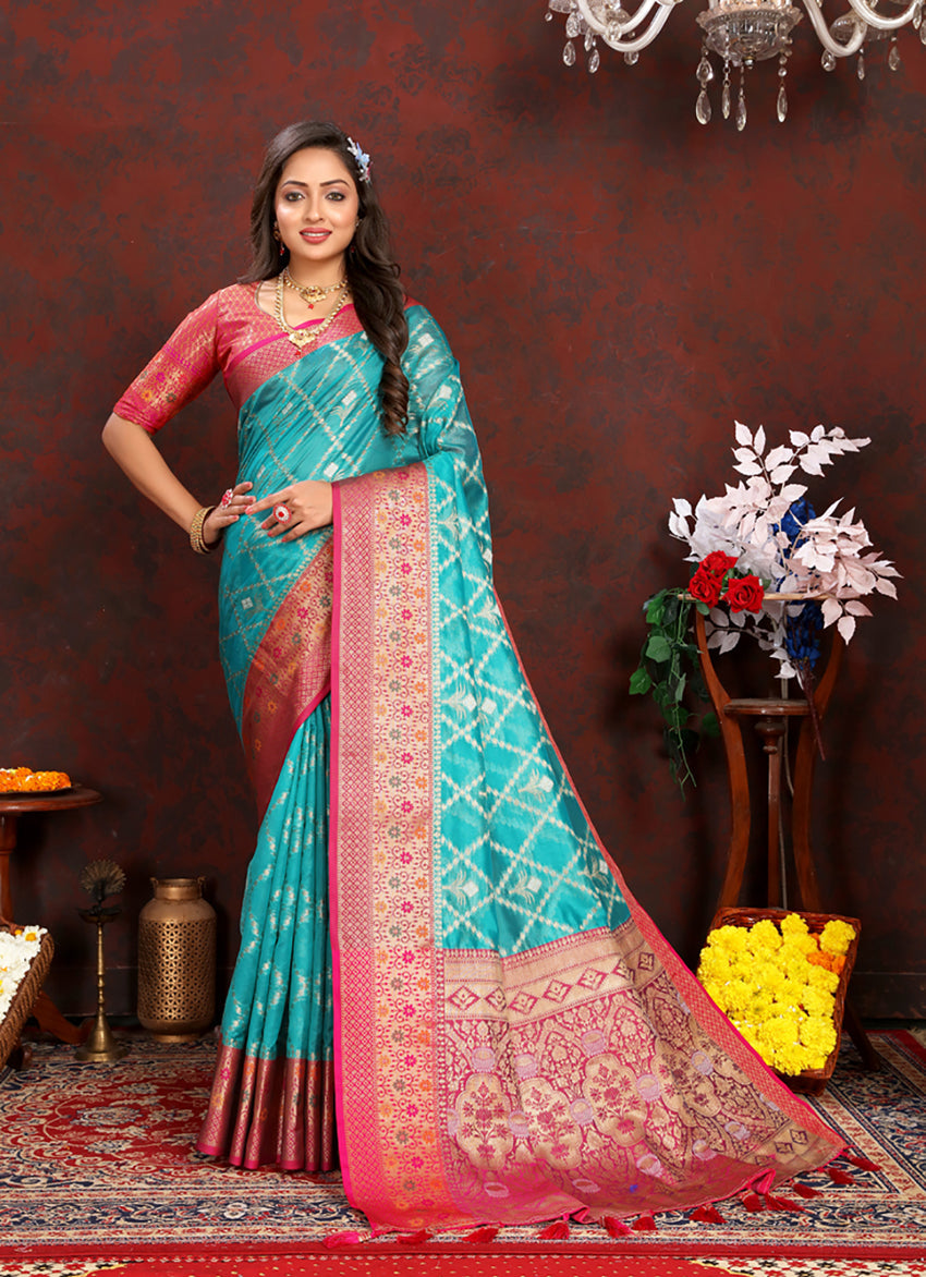 Lorenvalley Fashion Firozi Organza Silk Woven Design with Rich Meenakari Weaving Pallu Saree - Swadesiicart