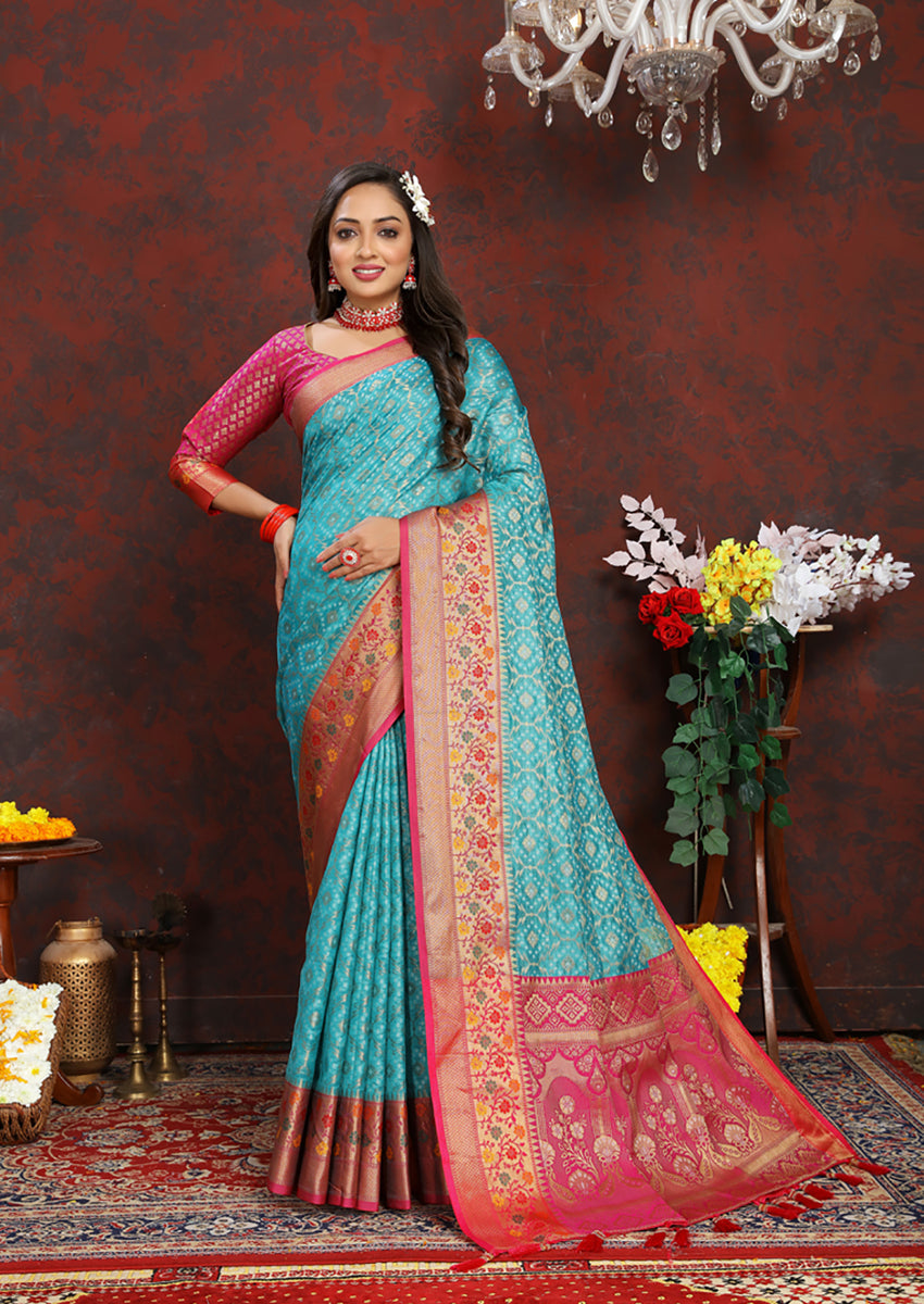 Lorenvalley Fashion Firozi Organza Silk Woven Design with Rich Meenakari Weaving Pallu Saree - Swadesiicart