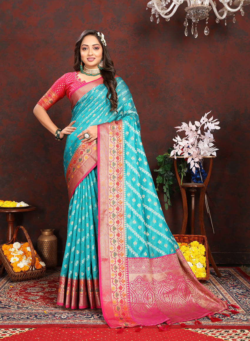 Lorenvalley Fashion Firozi Organza Silk Woven Design with Rich Meenakari Weaving Pallu Saree - Swadesiicart
