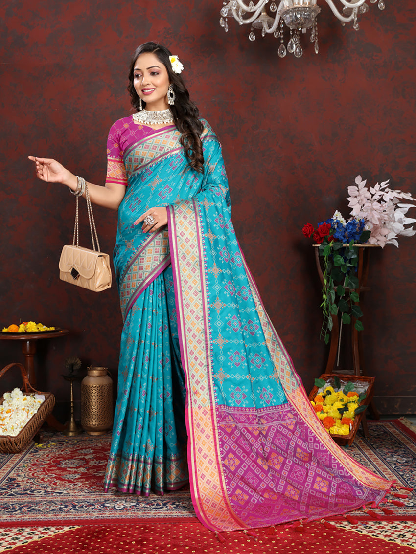 Lorenvalley Fashion Firozi Patola Silk Woven Design with Zari Meenakari Weaving motifs motifs Pallu Saree - Swadesiicart
