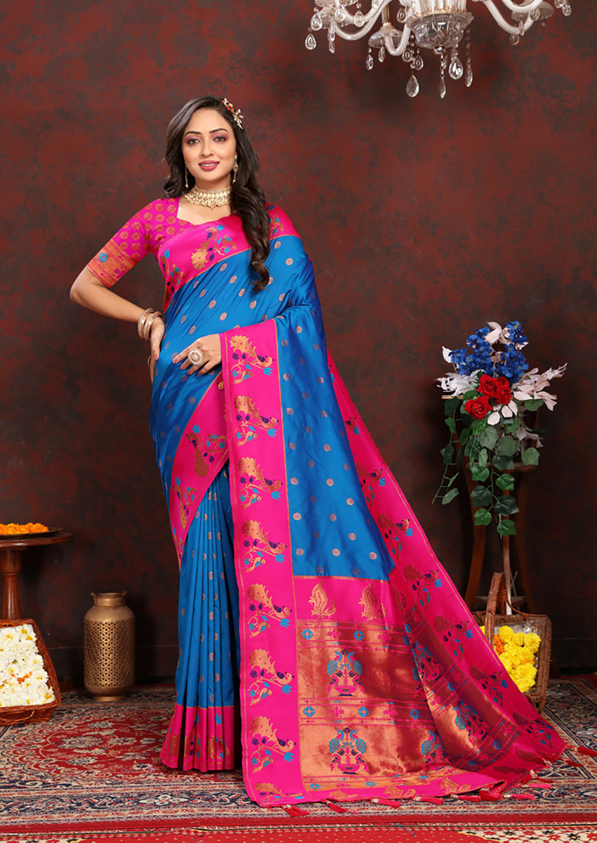 Lorenvalley Fashion Firozi Soft Paithani Silk Woven Design Rich Zari Meenakari Weaving Saree - Swadesiicart