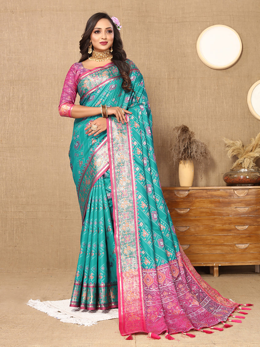 Lorenvalley Fashion Firozi Patola Silk Woven Design with Zari Meenakari Weaving motifs motifs Pallu Saree - Swadesiicart