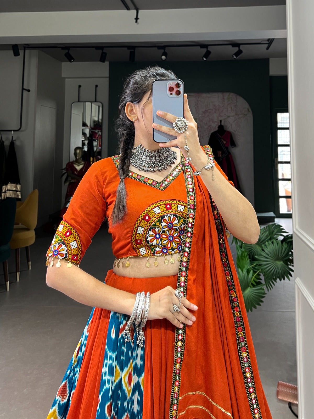 Lorenvalley Firozi Rayon and Printed Silk with Plain And Printed With Original Mirror Gamthi Work And Gamthi Patch Work Lehenga Choli | Swadesiicart