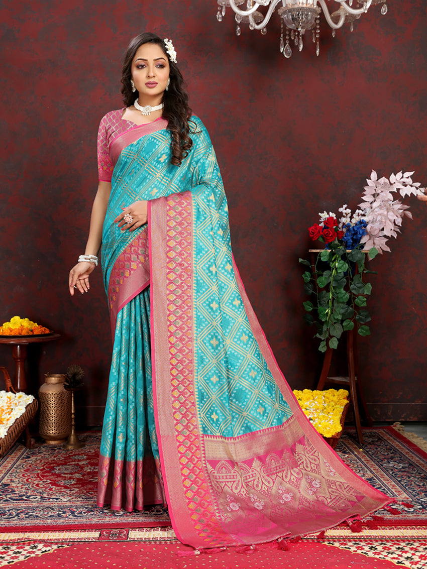 Lorenvalley Fashion Firozi Organza Silk Woven Design with Rich Meenakari Weaving Pallu Saree - Swadesiicart