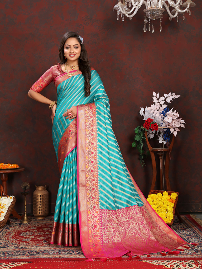 Lorenvalley Fashion Firozi Organza Silk Woven Design with Rich Meenakari Weaving Pallu Saree - Swadesiicart