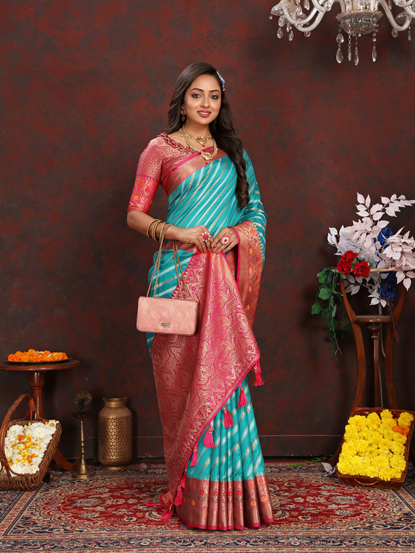 Lorenvalley Fashion Firozi Organza Silk Woven Design with Rich Meenakari Weaving Pallu Saree - Swadesiicart