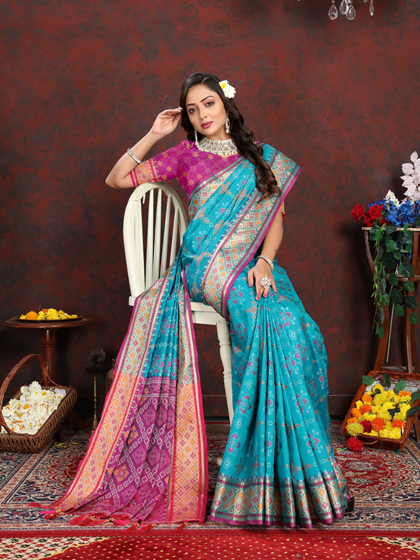 Lorenvalley Fashion Firozi Patola Silk Woven Design with Zari Meenakari Weaving motifs motifs Pallu Saree - Swadesiicart