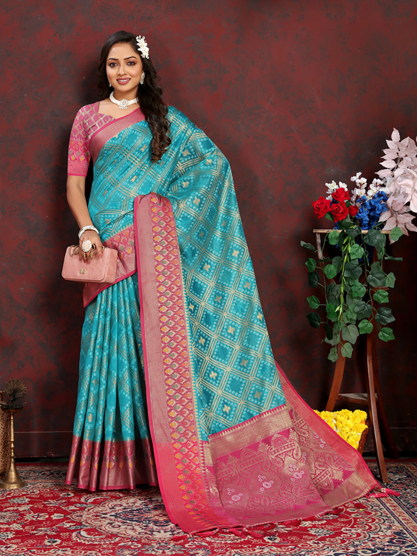 Lorenvalley Fashion Firozi Organza Silk Woven Design with Rich Meenakari Weaving Pallu Saree - Swadesiicart