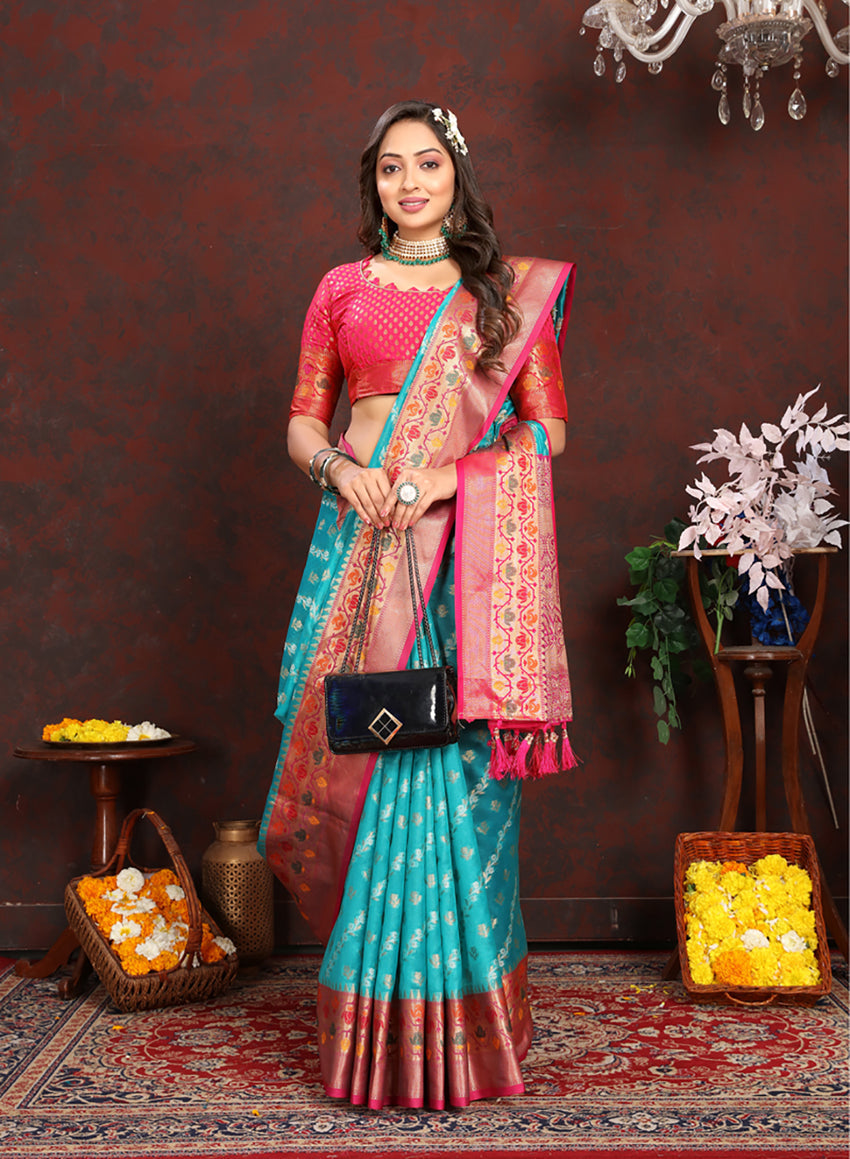 Lorenvalley Fashion Firozi Organza Silk Woven Design with Rich Meenakari Weaving Pallu Saree - Swadesiicart