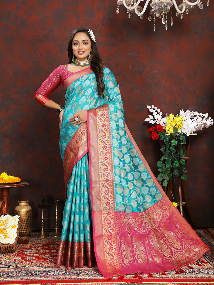 Lorenvalley Fashion Firozi Organza Silk Woven Design with Rich Meenakari Weaving Pallu Saree - Swadesiicart