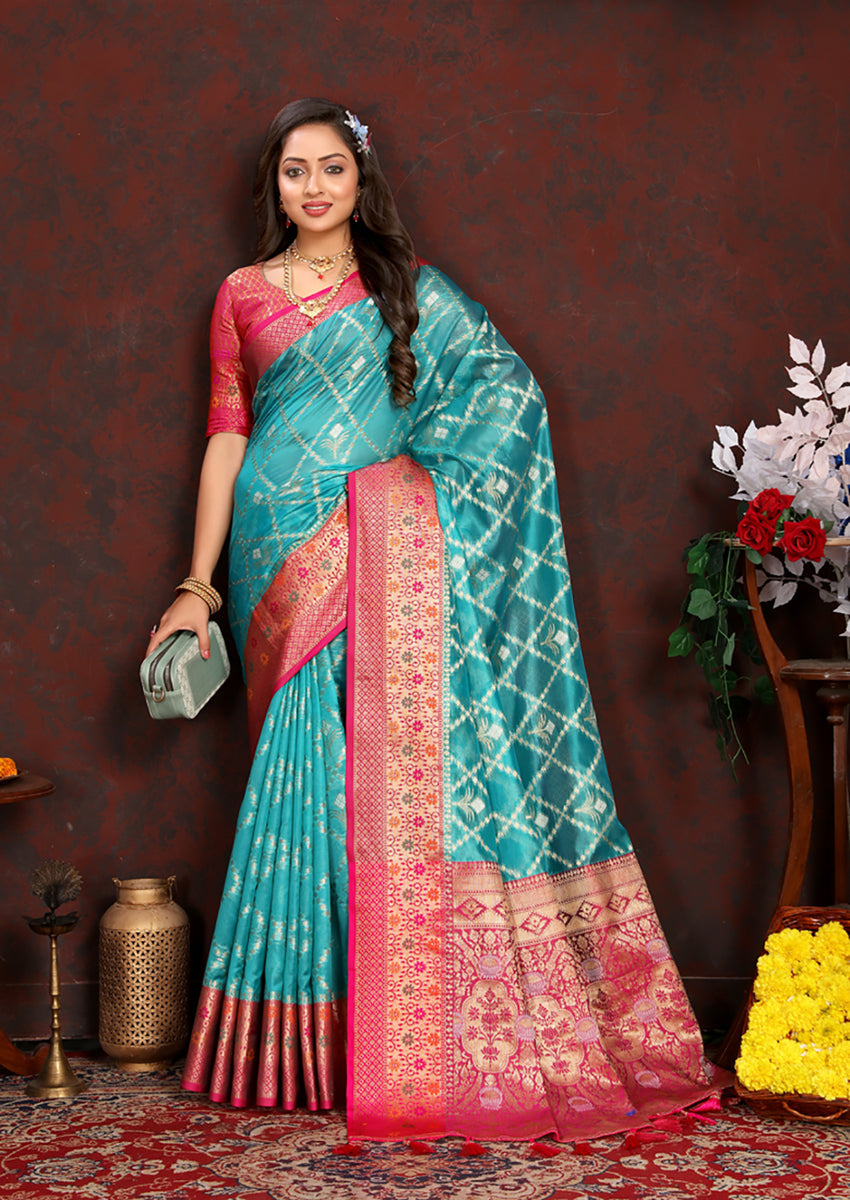 Lorenvalley Fashion Firozi Organza Silk Woven Design with Rich Meenakari Weaving Pallu Saree - Swadesiicart