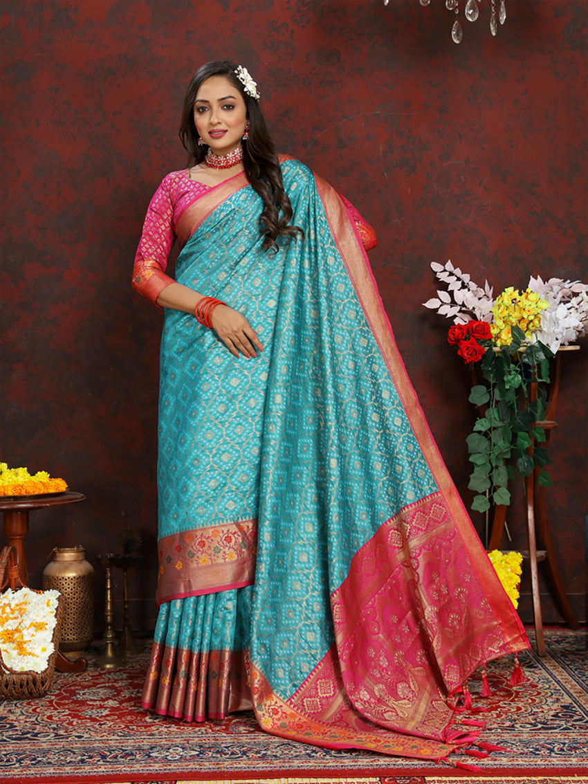 Lorenvalley Fashion Firozi Organza Silk Woven Design with Rich Meenakari Weaving Pallu Saree - Swadesiicart