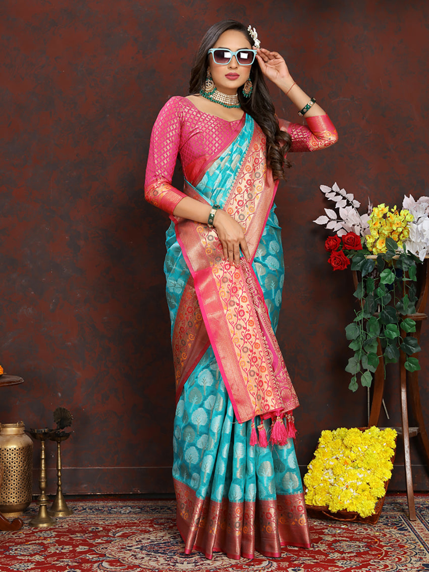 Lorenvalley Fashion Firozi Organza Silk Woven Design with Rich Meenakari Weaving Pallu Saree - Swadesiicart