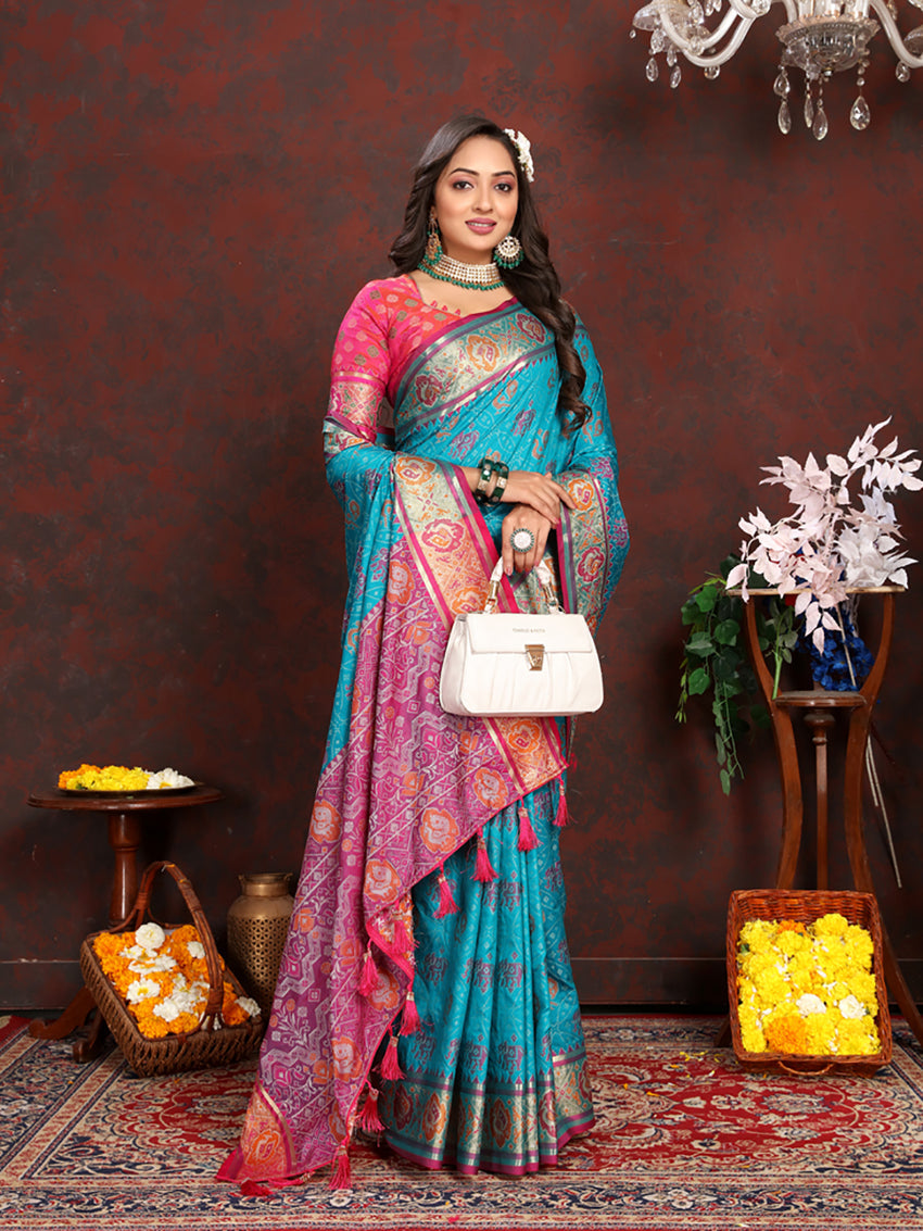 Lorenvalley Fashion Firozi Patola Silk Woven Design with Zari Meenakari Weaving motifs motifs Pallu Saree - Swadesiicart