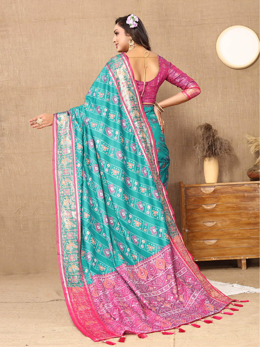 Lorenvalley Fashion Firozi Patola Silk Woven Design with Zari Meenakari Weaving motifs motifs Pallu Saree - Swadesiicart
