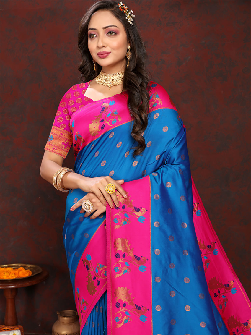 Lorenvalley Fashion Firozi Soft Paithani Silk Woven Design Rich Zari Meenakari Weaving Saree - Swadesiicart